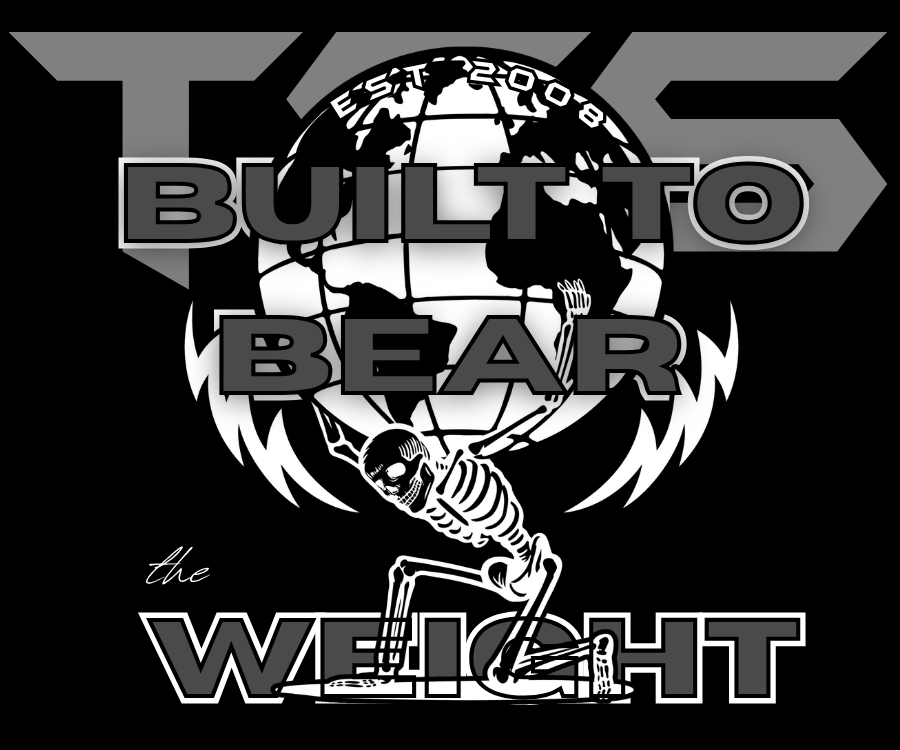 Logo with skeleton and text 'Built to Bear the Weight' on a black background