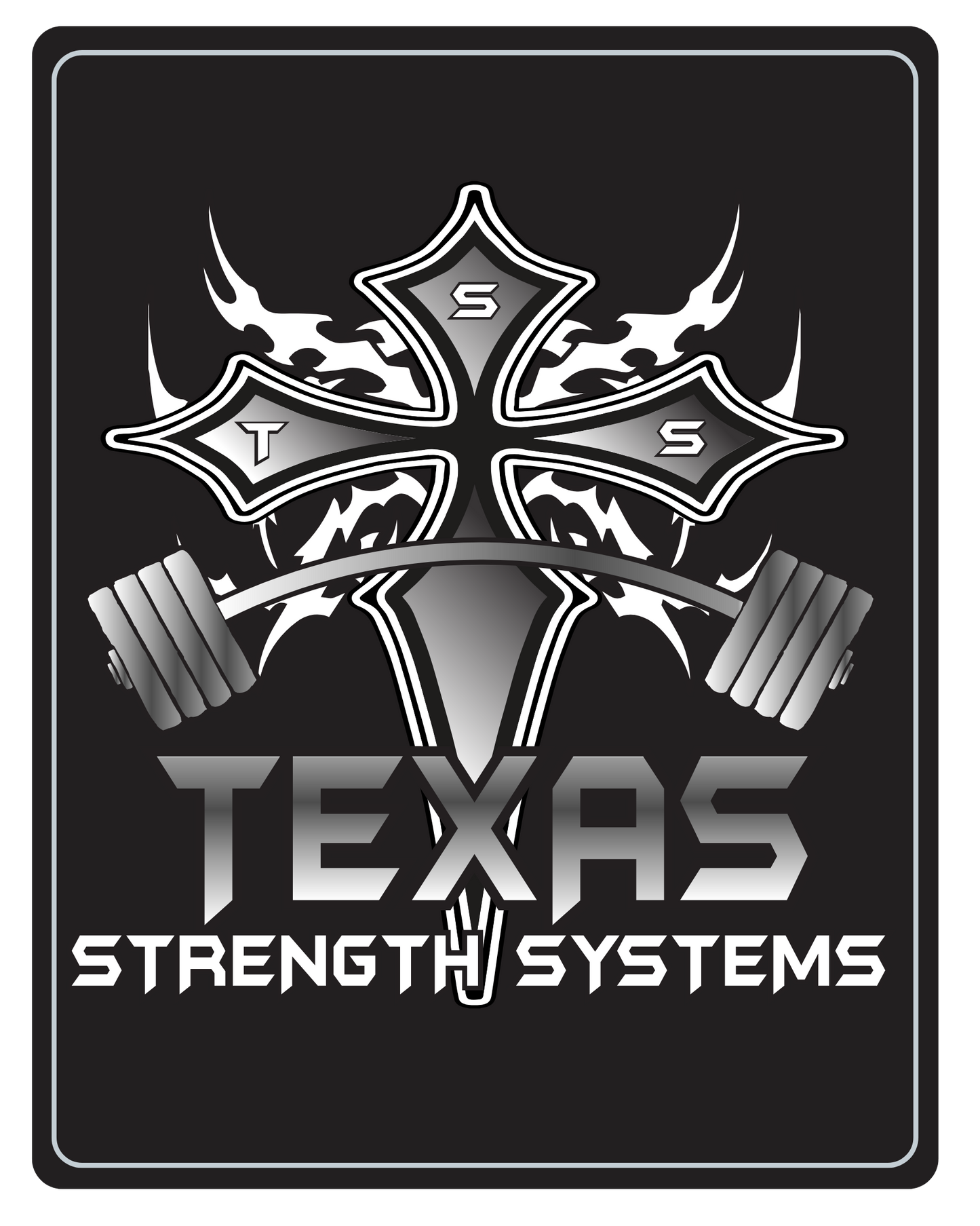 Logo of Texas Strength Systems with a cross and barbell on a black background