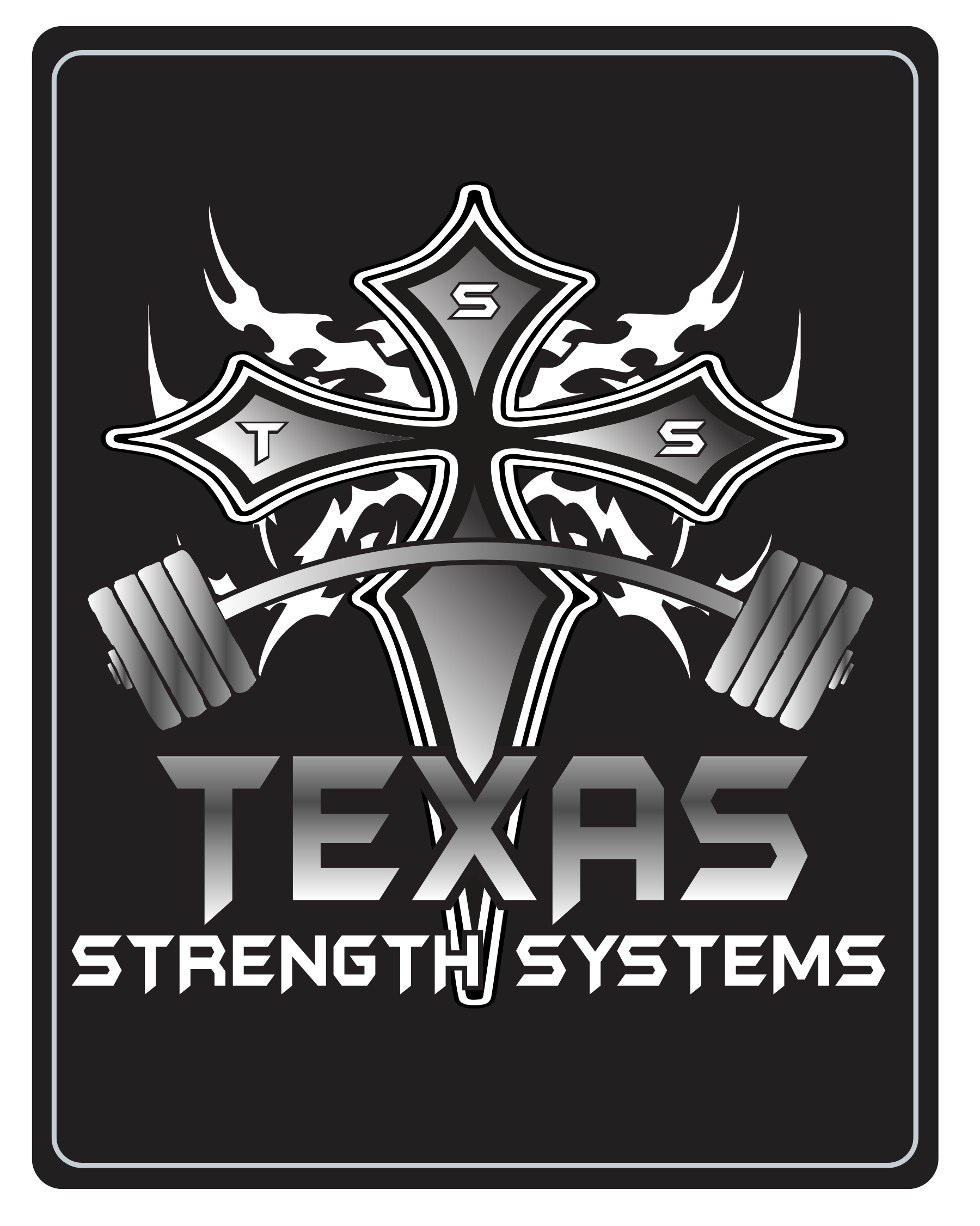 Logo of Texas Strength Systems with a cross and barbell on a black background