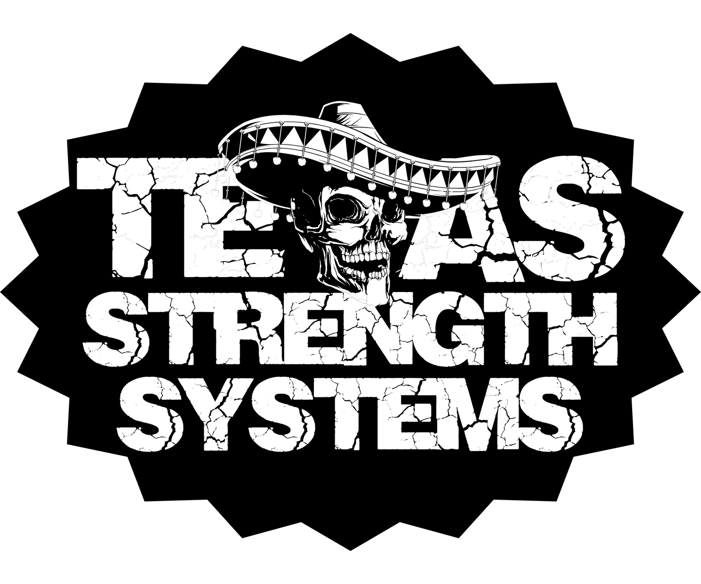 Logo of Texas Strength Systems with a skull wearing a sombrero and a black starburst background.