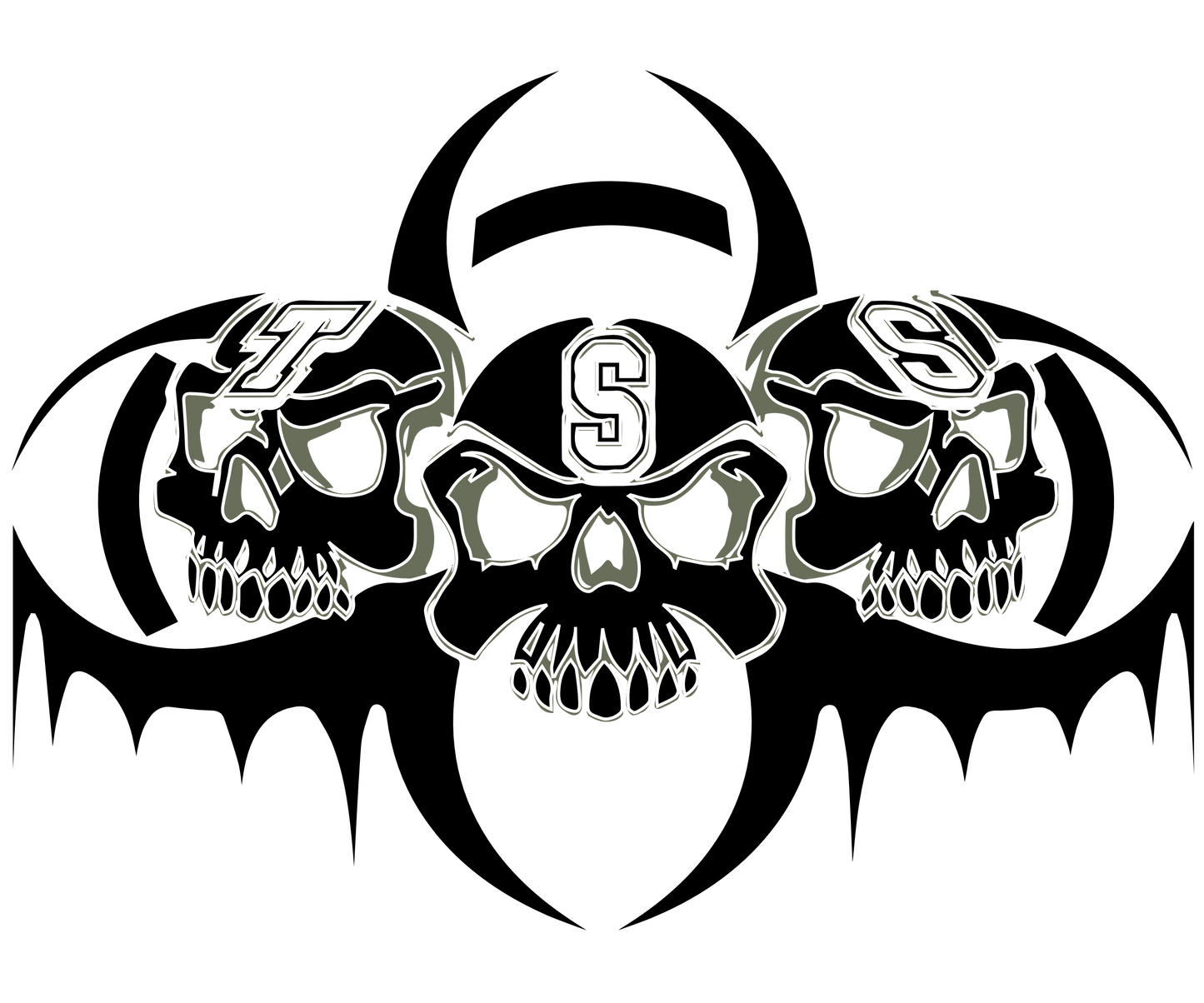 Three skulls with sports team logos inside a biohazard symbol on a white background