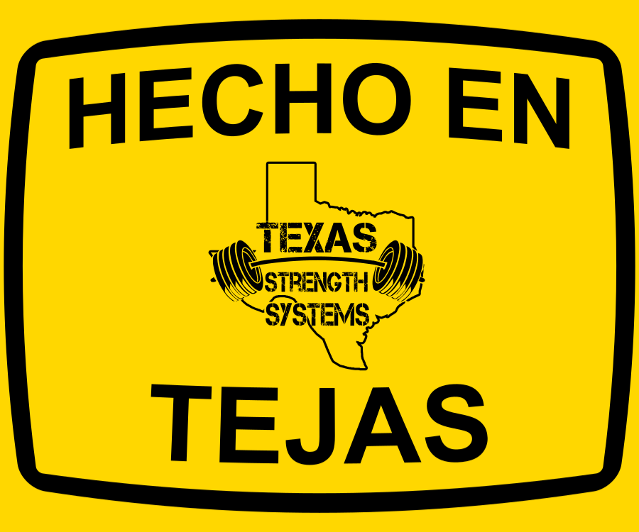 Yellow sign with 'HECHO EN TEJAS' and a logo of Texas with weights.